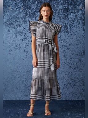 Marie Oliver Navy & White Gingham Flutter Sleeve Maxi Dress